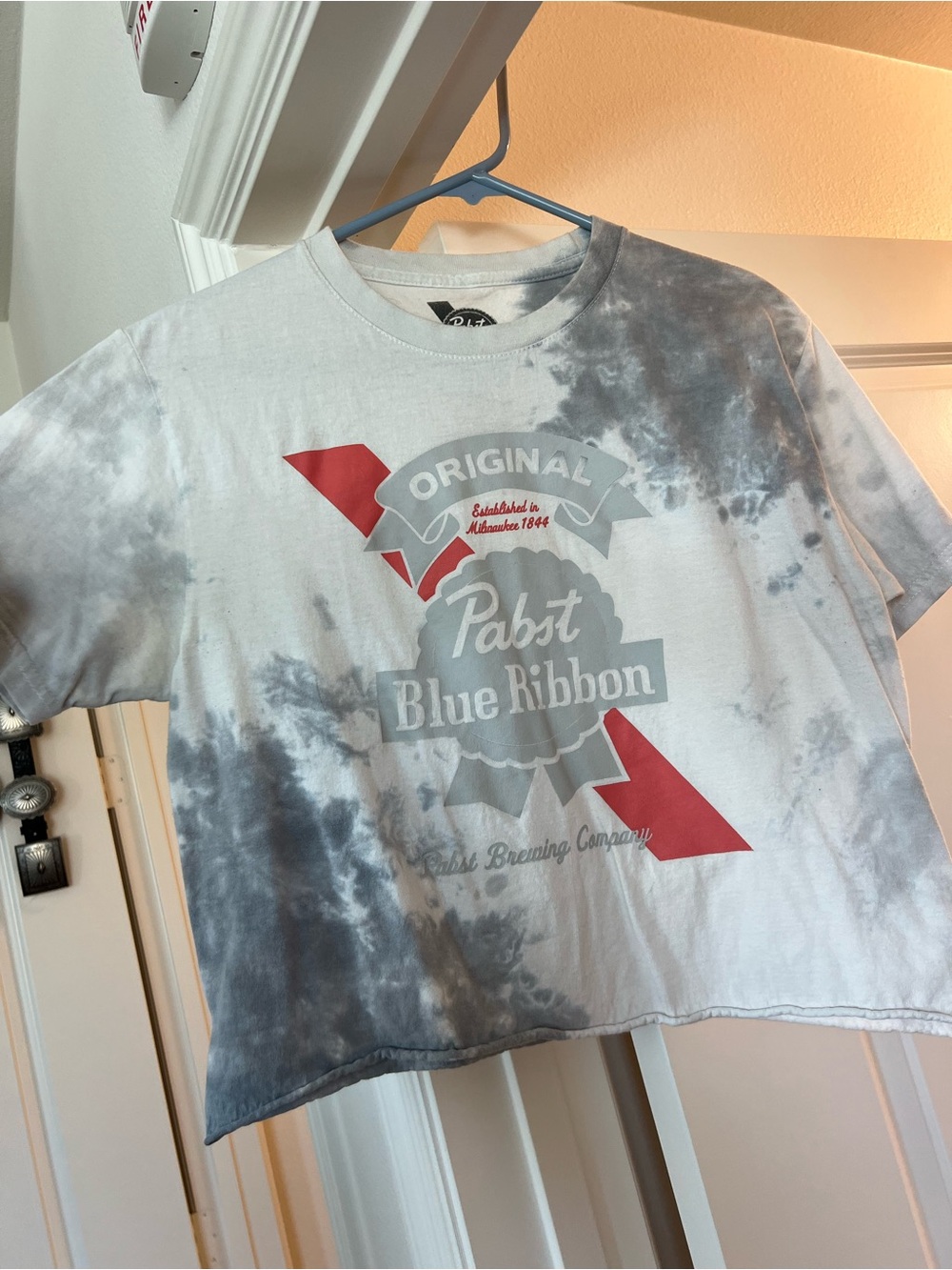 Pabst Blue Ribbon Tie-Dye Logo Tee - Gray & White with Red Accents